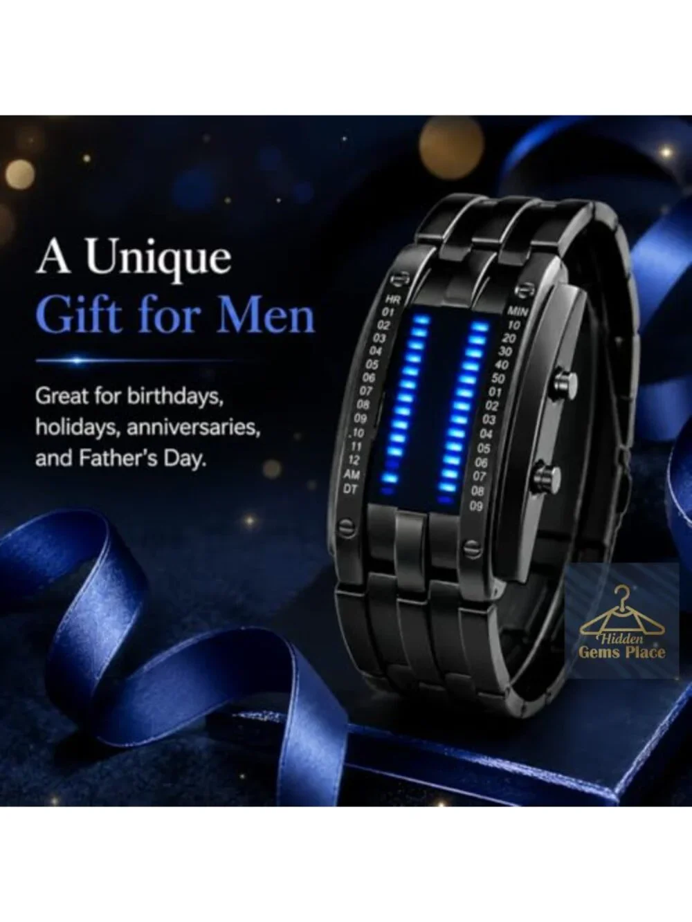 Mens Binary LED Digital Watch Black Stainless Steel Bracelet Quartz